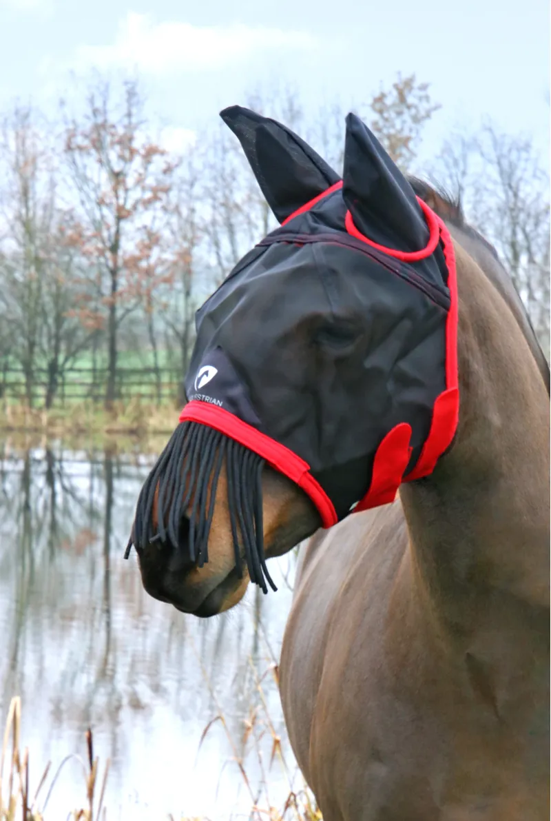 Hy Equestrian Mesh Half Mask With Ears and Fringe - Black/Red